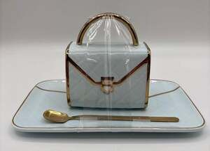 Handbag Shaped Ceramic Coffee Mug with Matching Saucer and Spoon, Blue and Gold